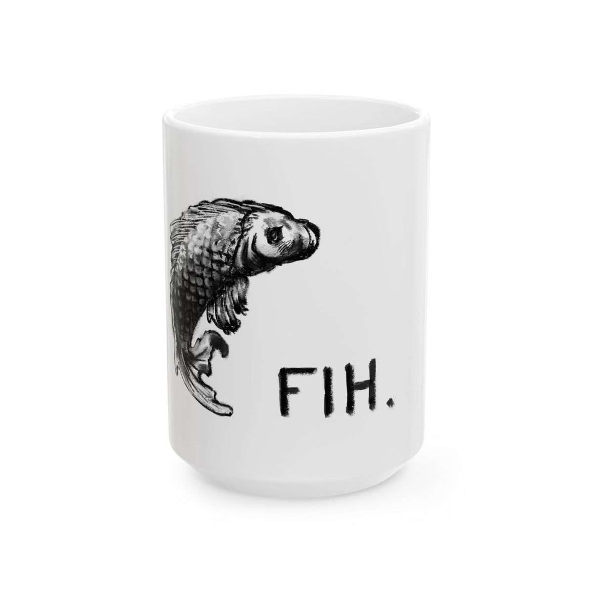 Fish Illustration Mug — Hand-Drawn Koi with “FIH.” Text (11oz & 15oz)